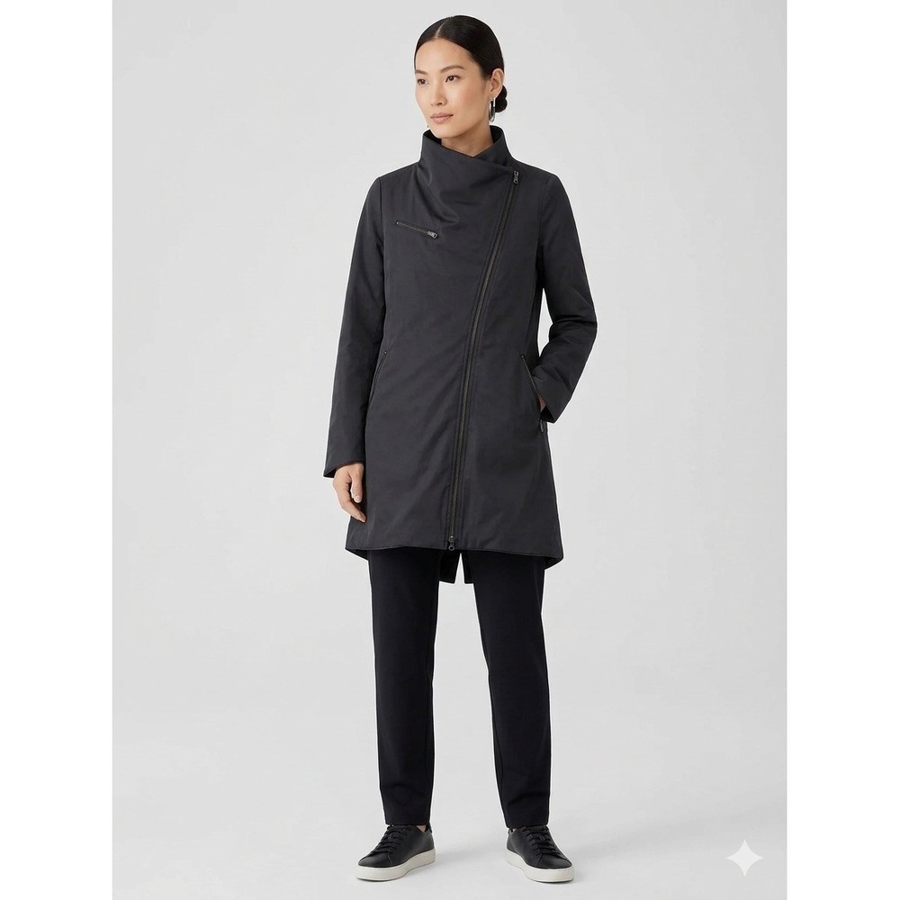 Eileen Fisher Asymmetric Zip Funnel Neck Coat Black Italian Fabric Size XS